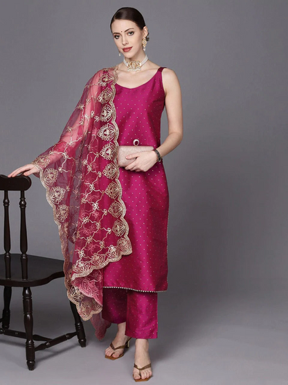 Magenta Pink And Gold Polka Dot Strap Kurta Set With Dupatta