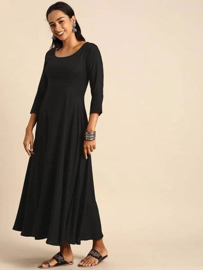 Black Rayon Solid Kurta with Dupatta