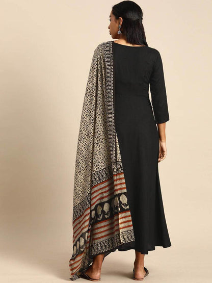 Black Rayon Solid Kurta with Dupatta