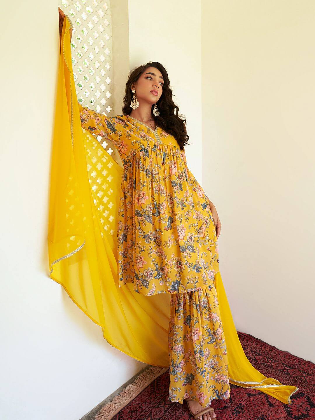 Yellow Georgette Digital Floral Printed Kurta & Sharara Set