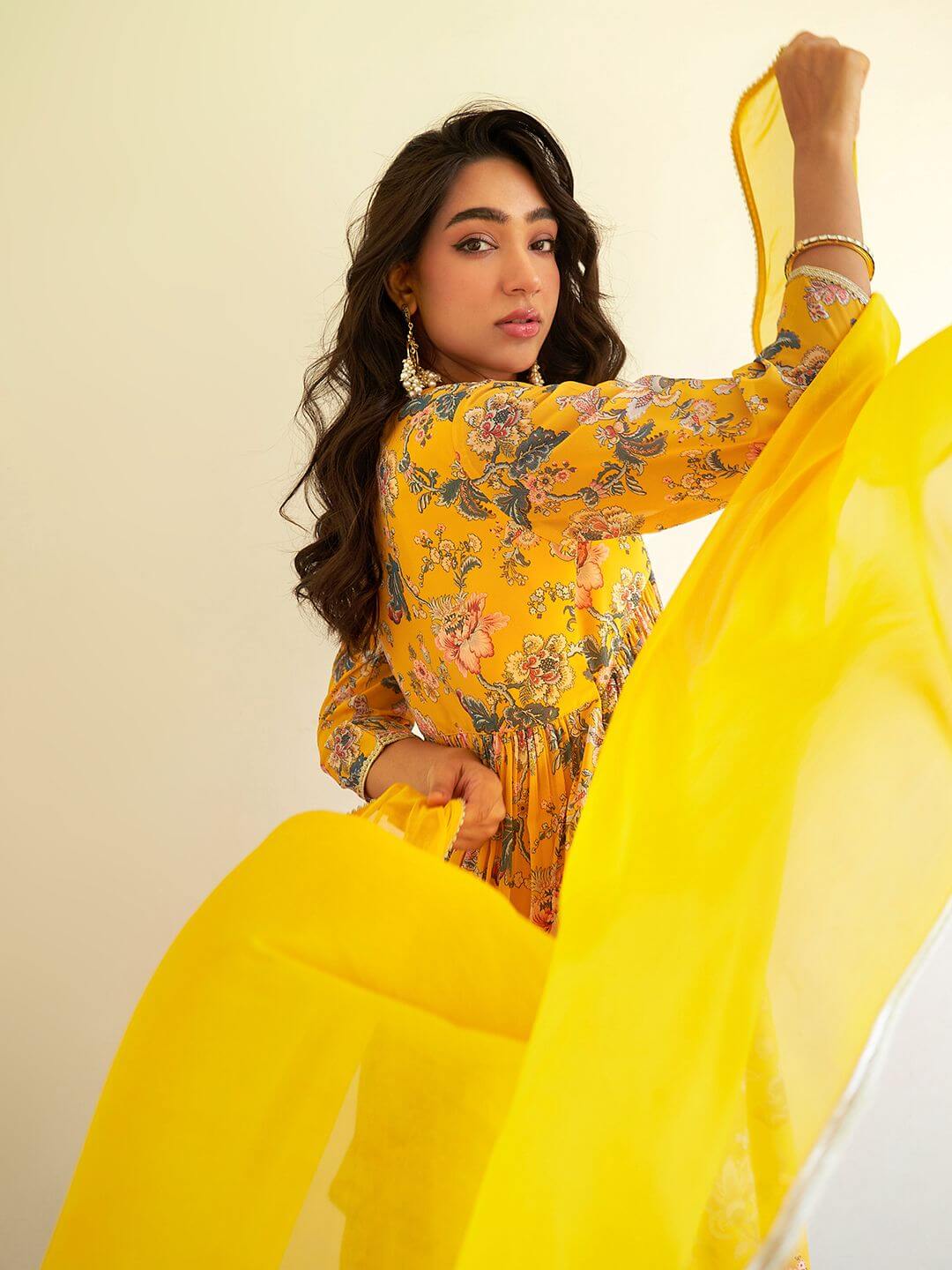 Yellow Georgette Digital Floral Printed Kurta & Sharara Set