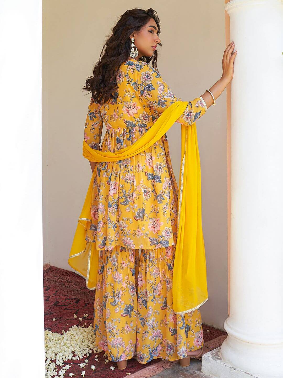 Yellow Georgette Digital Floral Printed Kurta & Sharara Set