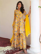 Yellow Georgette Digital Floral Printed Kurta & Sharara Set