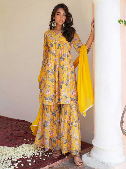 Yellow Georgette Digital Floral Printed Kurta & Sharara Set