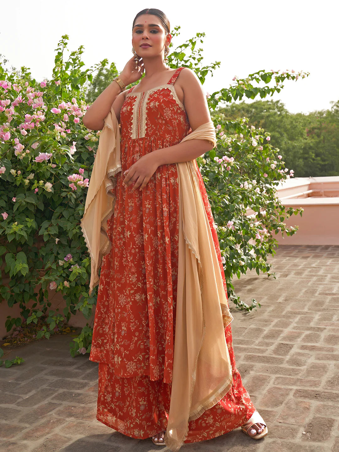 Orange Georgette Embellished Kurta & Palazzo Set