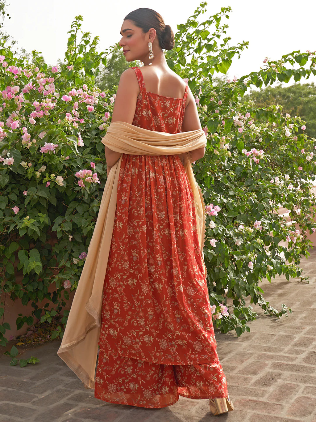 Rustic Orange Georgette Embellished Kurta & Palazzo Set