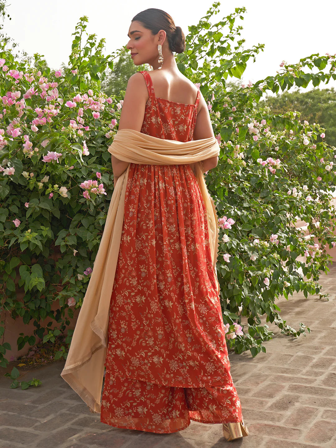 Rustic Orange Georgette Embellished Kurta & Palazzo Set