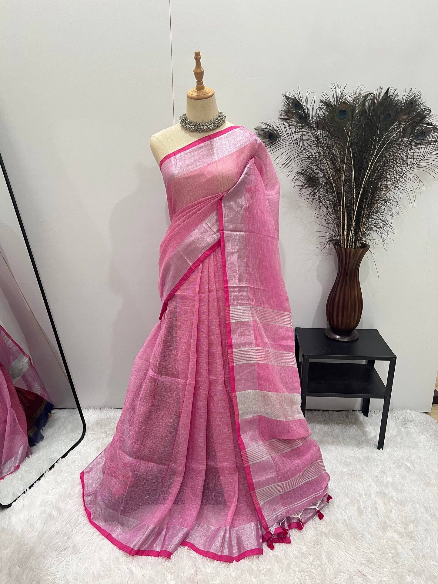 Linen Silver Zari - Pink