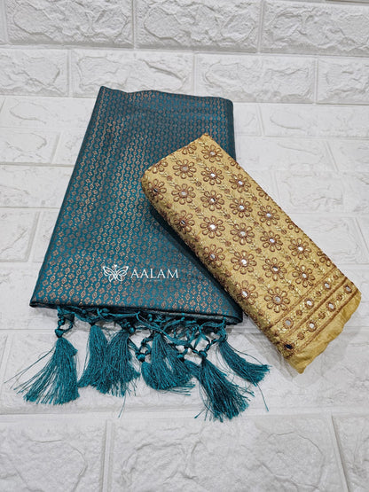 Kubera Silk Saree w Aari blouse - Bottle Green & Gold