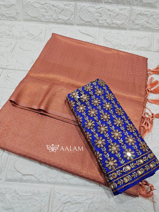 Kubera Silk Saree w Aari blouse - Copper & Royal blue