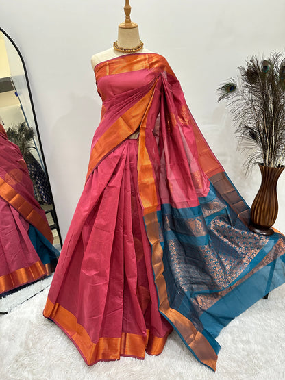 Silk Cotton Copper Zari Saree - Dusky Pink & Light blue