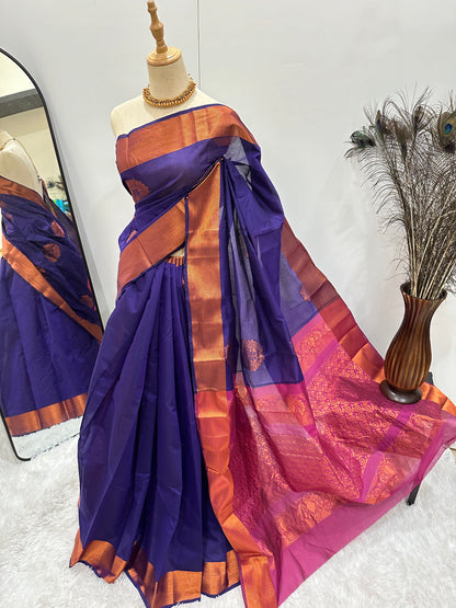 Silk Cotton Copper Zari Saree - Purple & Pink