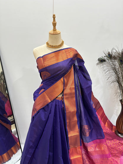 Silk Cotton Copper Zari Saree - Purple & Pink