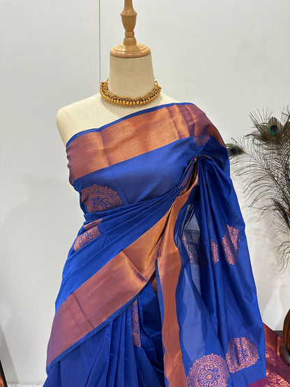 Silk Cotton Copper zari Saree - Royal Blue & Purple