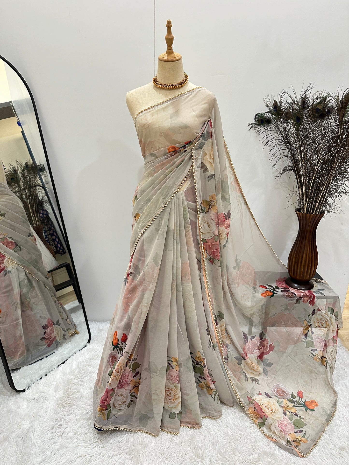 Floral Pearl Lace Saree - Light Grey