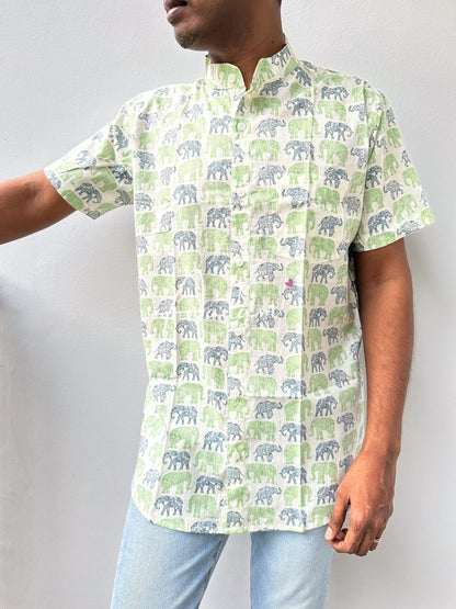 Men Short Sleeve Shirt - Green & Blue Elephant Prints