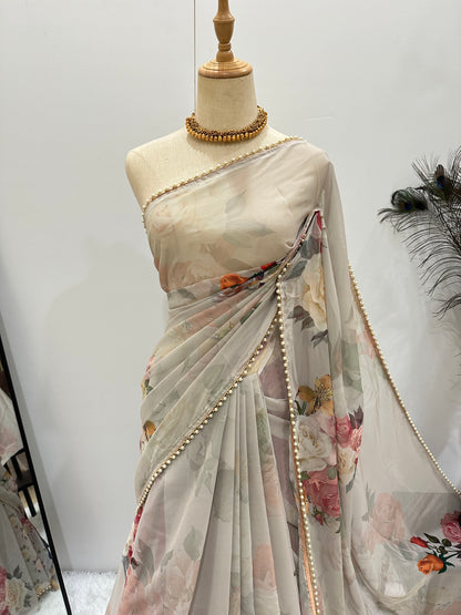 Floral Pearl Lace Saree - Light Grey