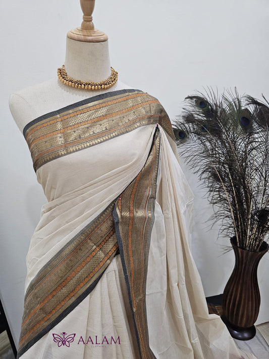 Cotton Saree - Offwhite & Grey