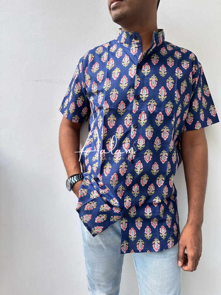 Men Short Sleeve Shirt - Blue Block Prints