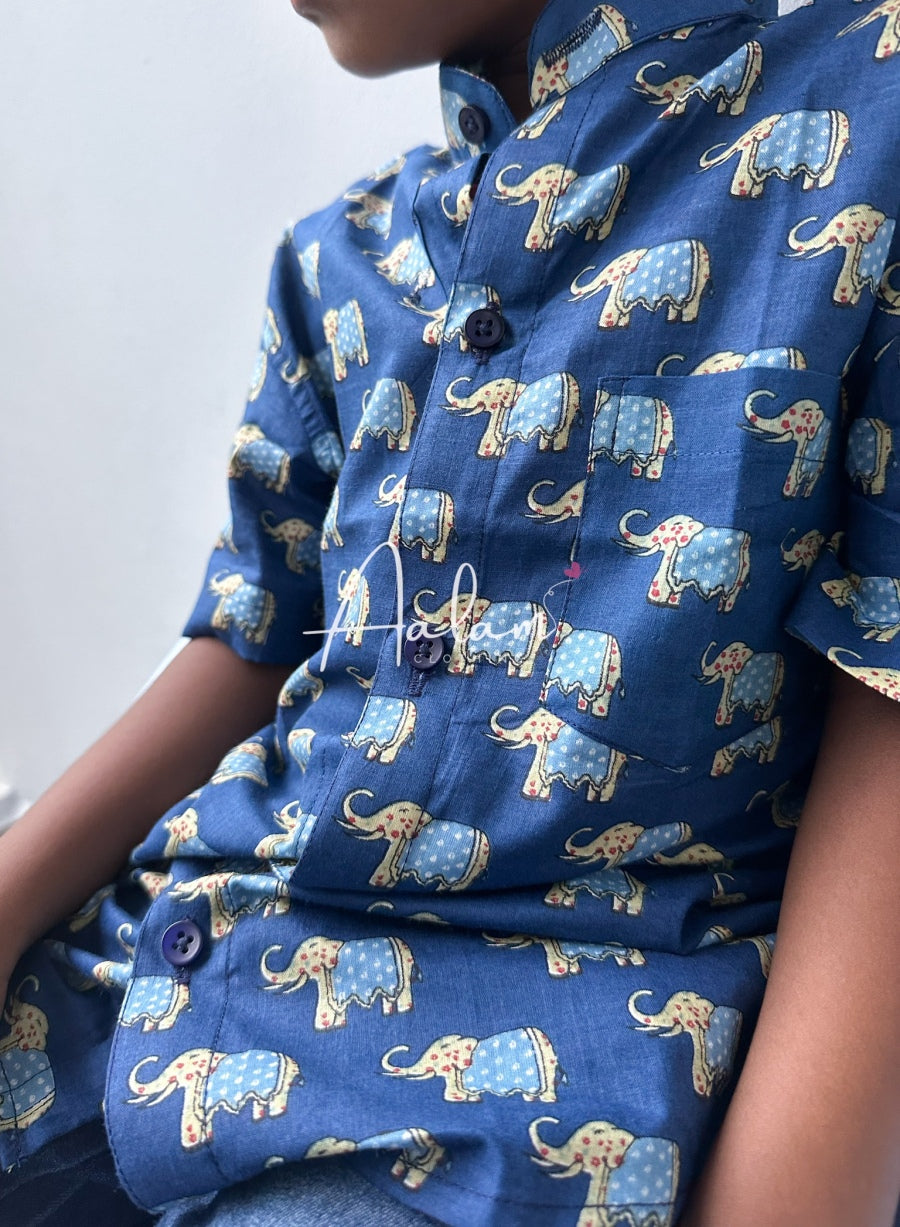 Boy Short Sleeve Shirt - Blue Elephant Prints