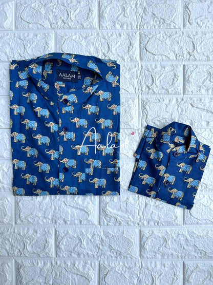 Blue Elephant Prints Short Sleeve Shirt (Father-Son Combo)