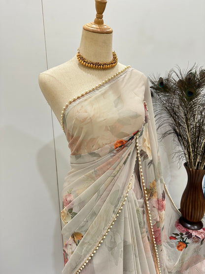 Floral Pearl Lace Saree - Light Grey