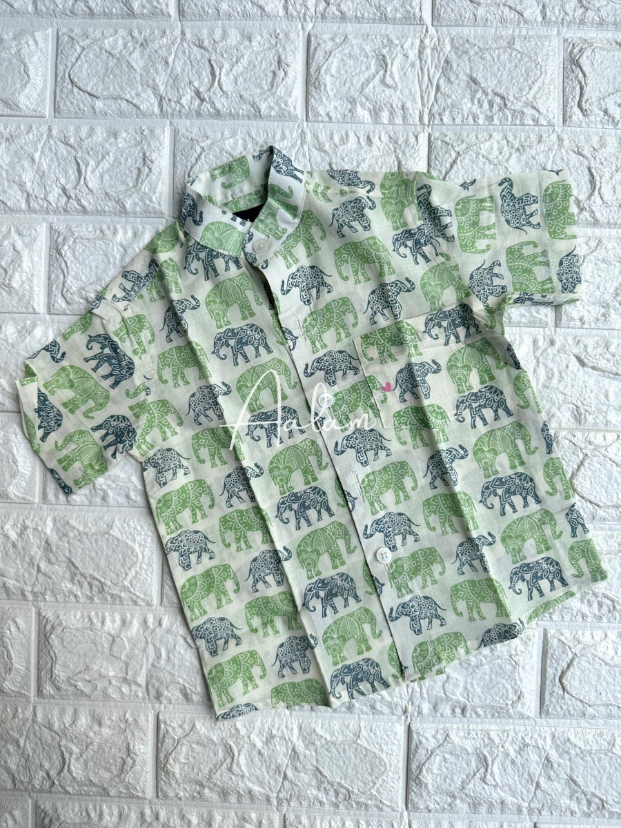 Boy Short Sleeve Shirt - Green & Blue Elephant Prints