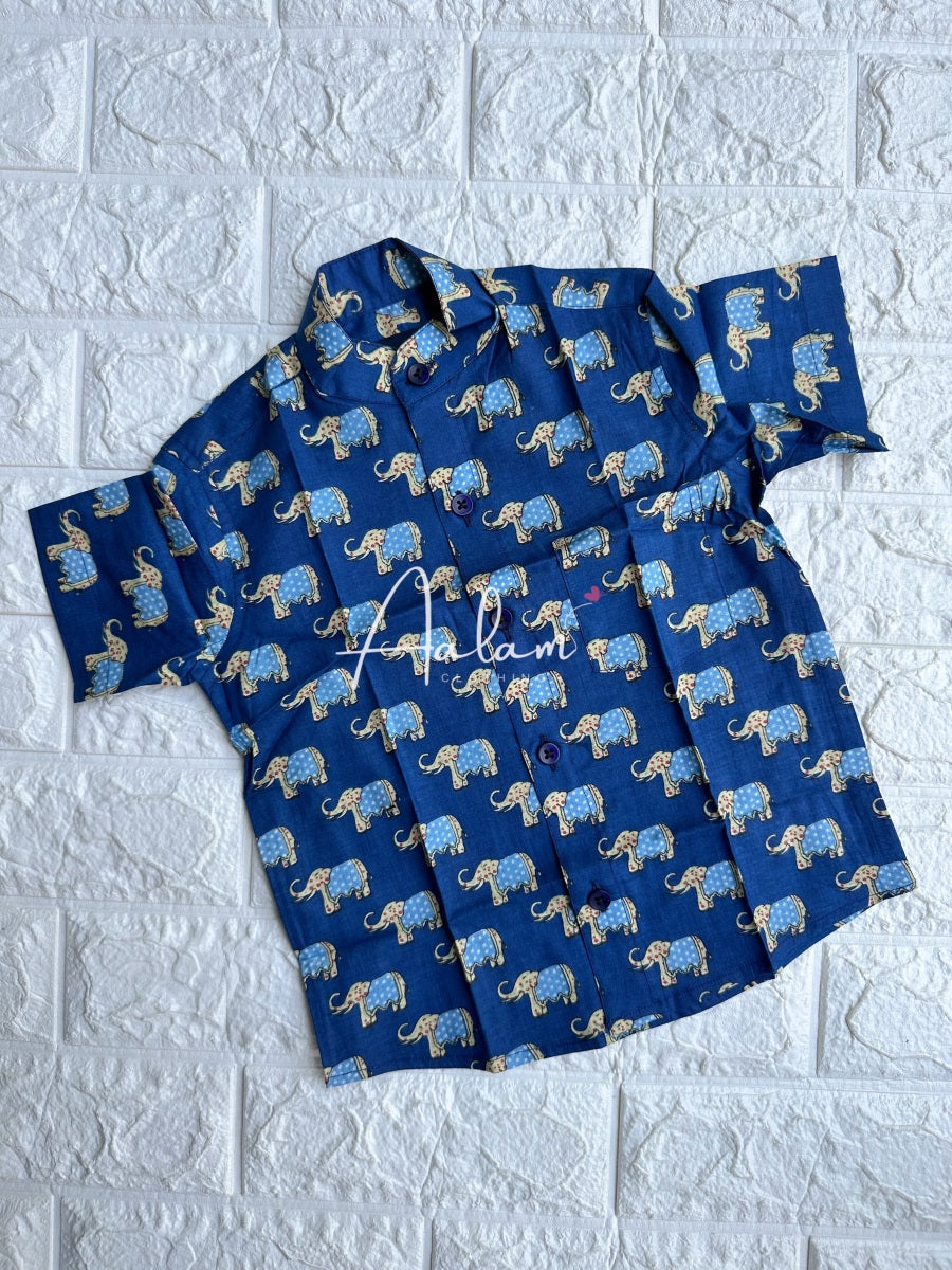 Boy Short Sleeve Shirt - Blue Elephant Prints