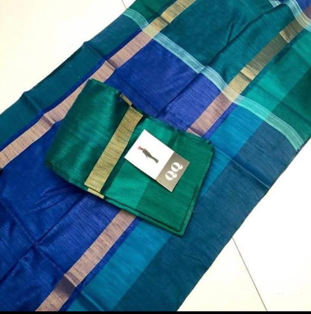 Raw Silk Saree - Blue x Green