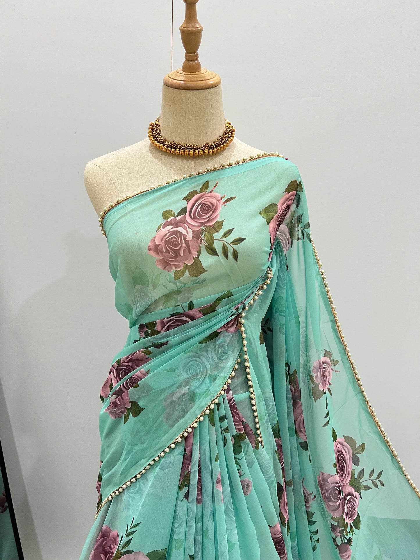 Georgette Pearl Lace Floral Saree - Summer Green