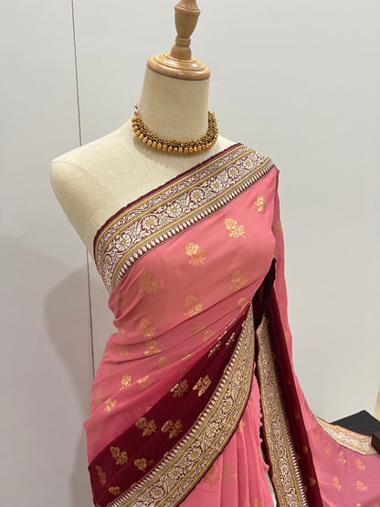 Georgette Ombre Floral Foil Print Saree - Pink & Red