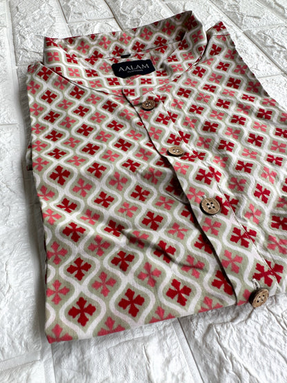 Men Short Sleeve Kurta - Light Green with Red Motifs