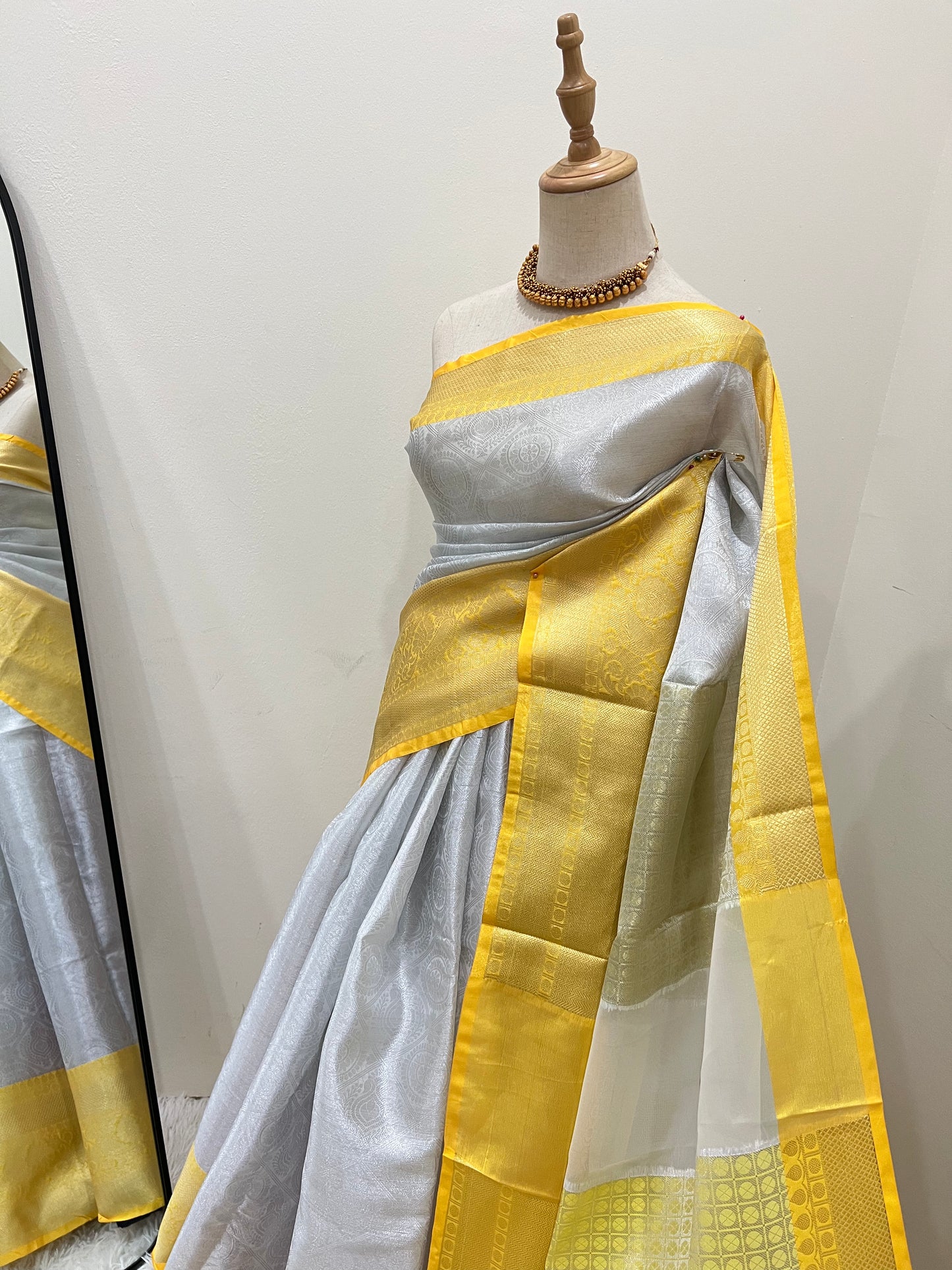 Banarasi Tissue Saree - Silver & Lemon Yellow