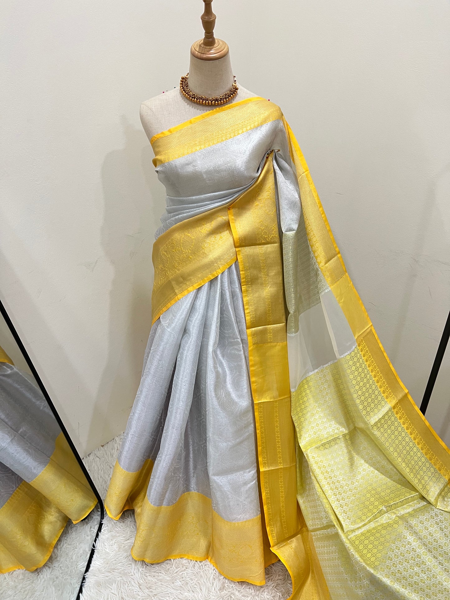 Banarasi Tissue Saree - Silver & Lemon Yellow