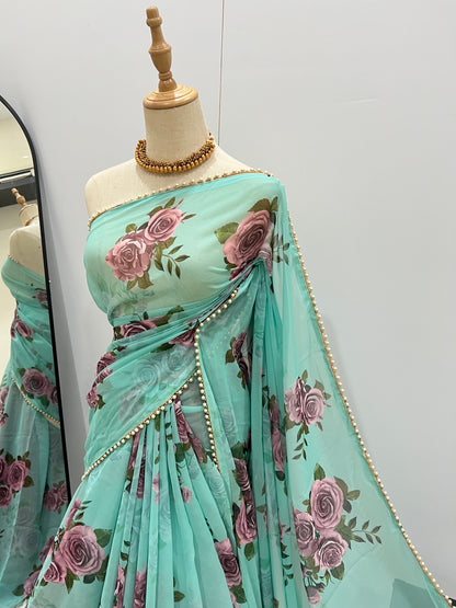 Georgette Pearl Lace Floral Saree - Summer Green