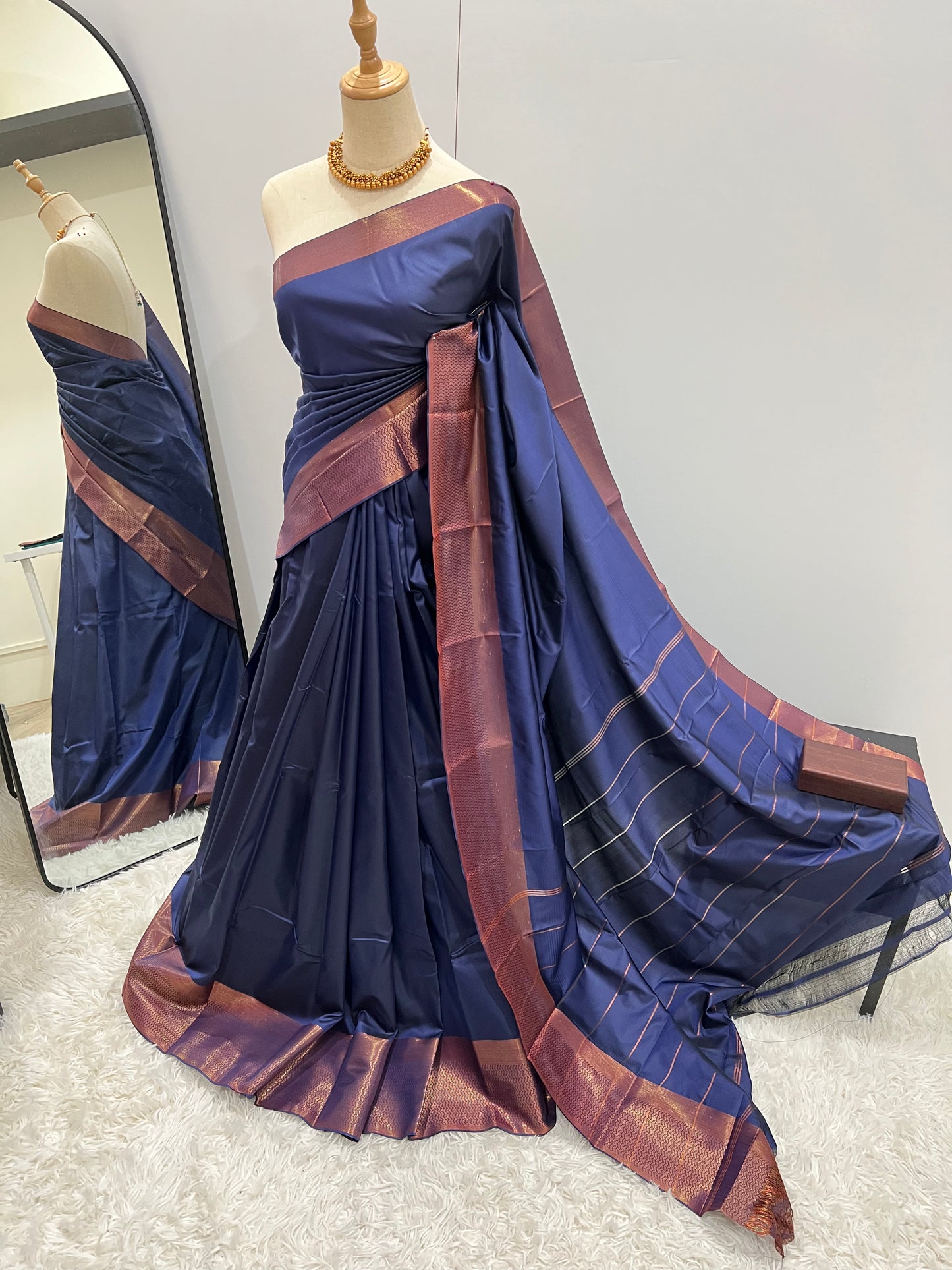 Soft Silk Saree - Navy Blue with Copper Zari