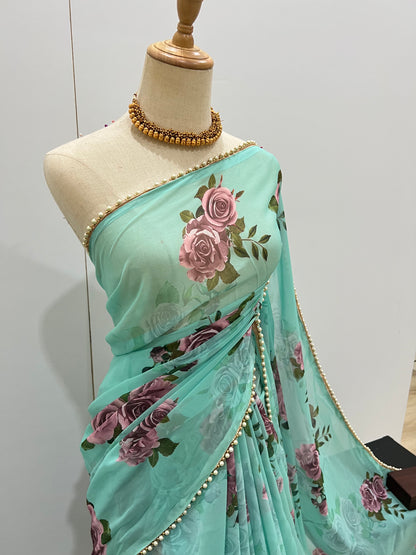 Georgette Pearl Lace Floral Saree - Summer Green