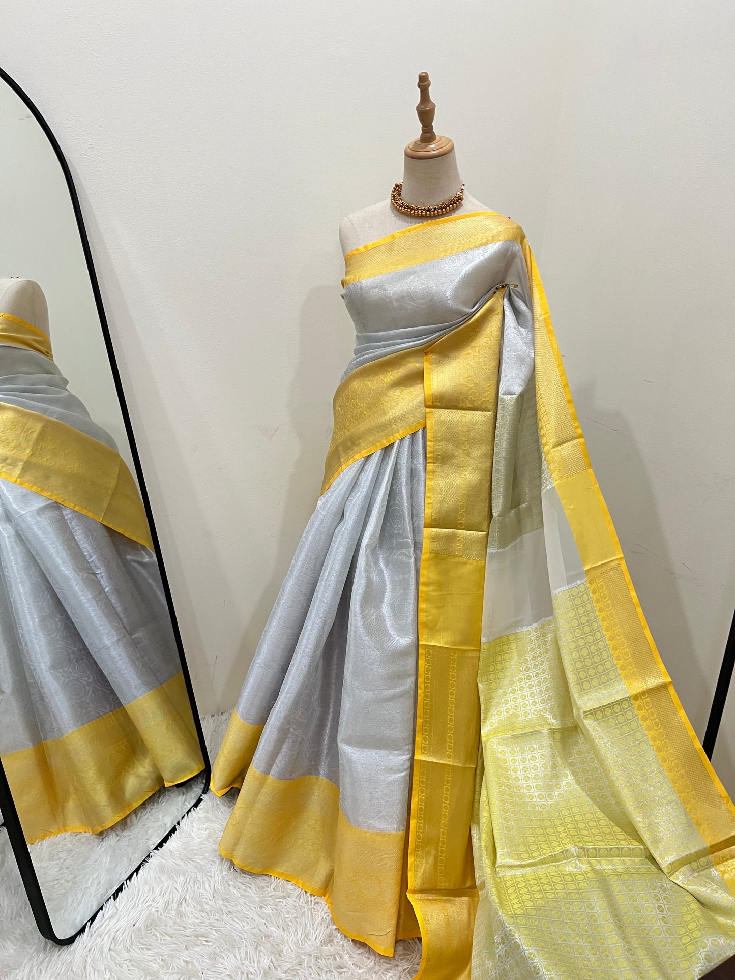 Banarasi Tissue Saree - Silver & Lemon Yellow