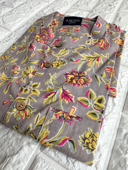 Men Short Sleeve Shirt - Grey Floral Prints