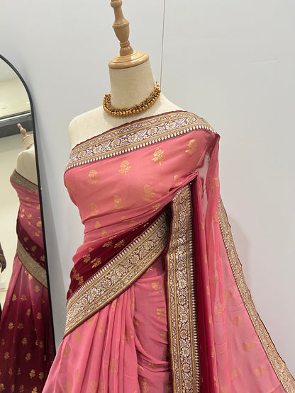 Georgette Ombre Floral Foil Print Saree - Pink & Red