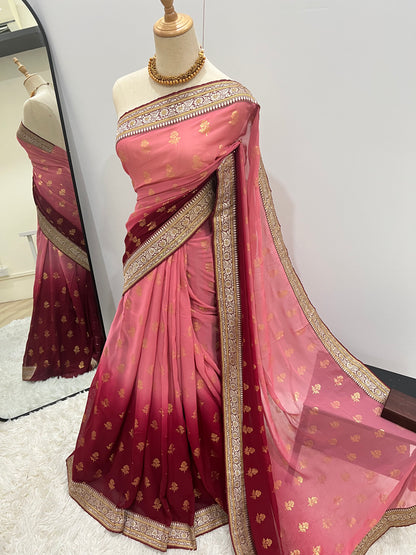 Georgette Ombre Floral Foil Print Saree - Pink & Red