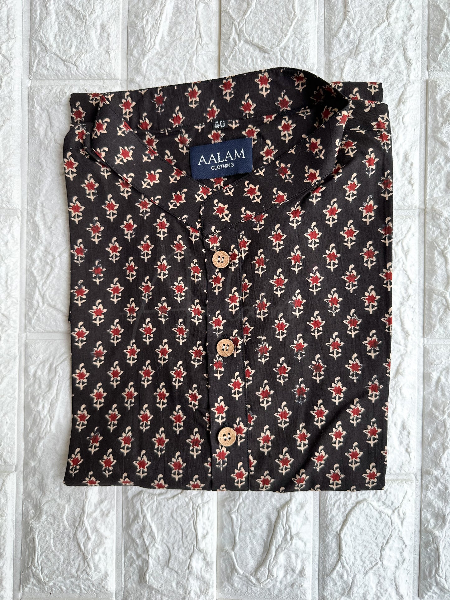 Men Short Sleeve Kurta - Black Floral