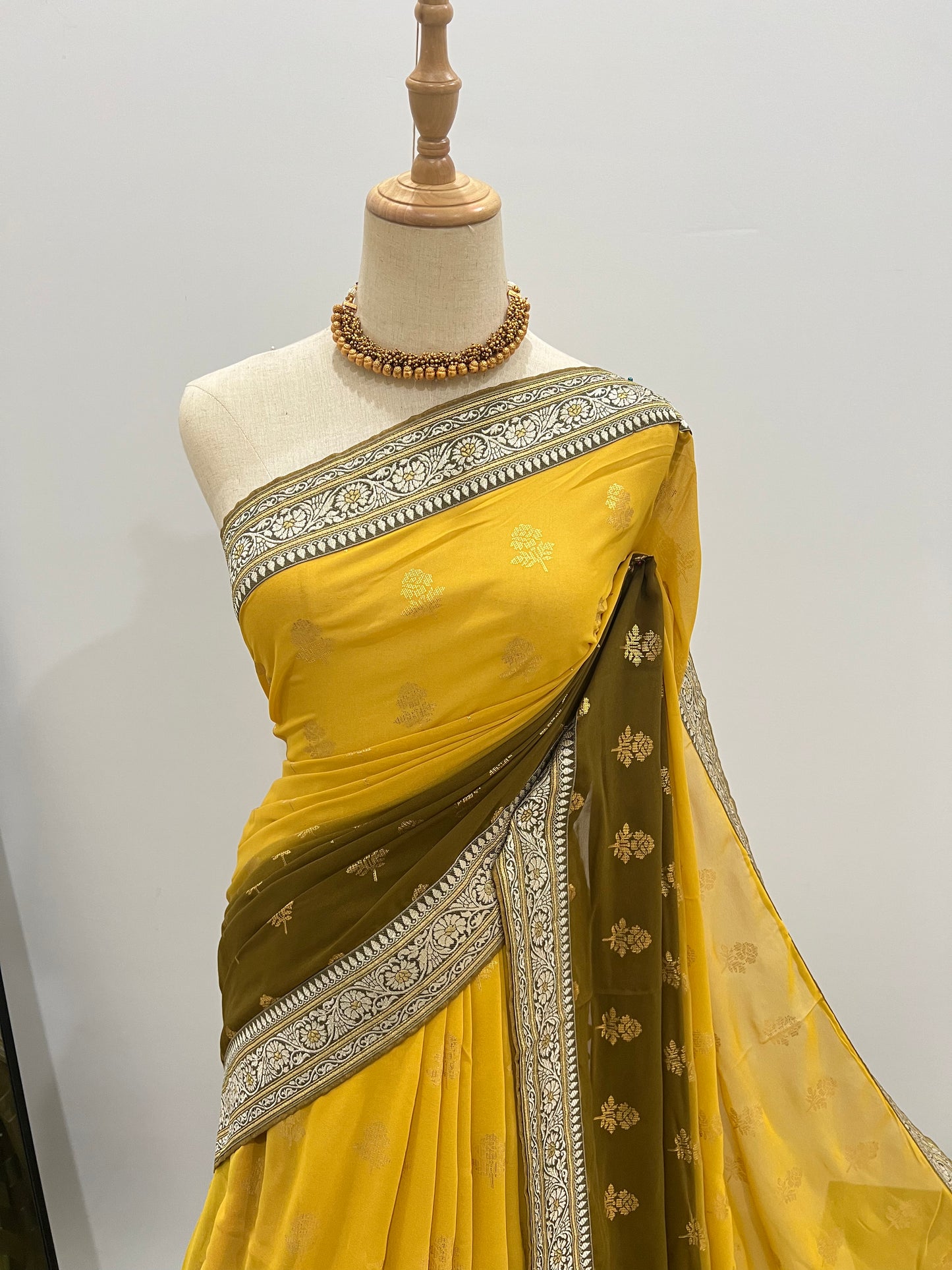 Georgette Ombre Floral Foil Print Saree - Yellow & Olive Green