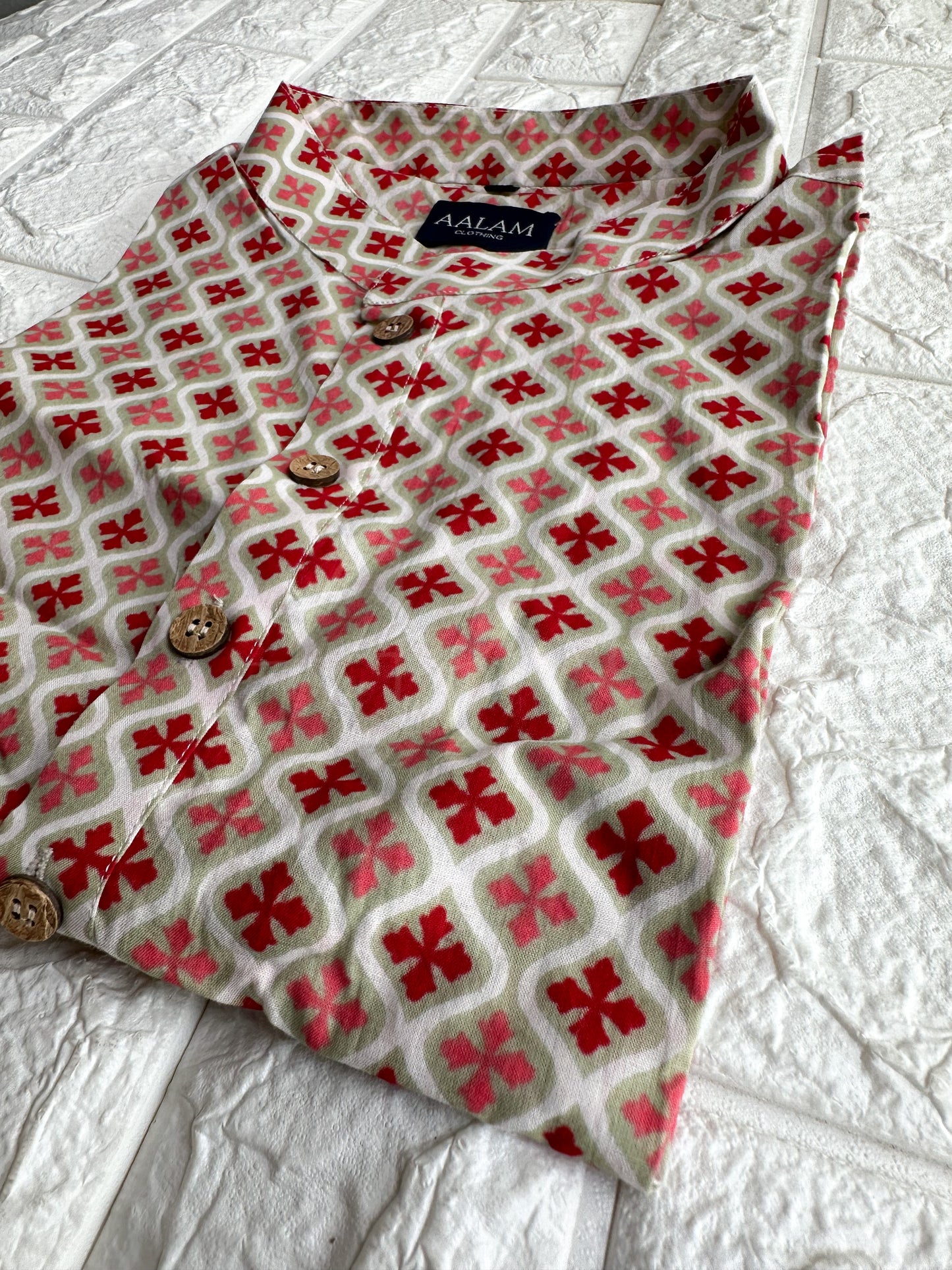 Men Short Sleeve Kurta - Light Green with Red Motifs