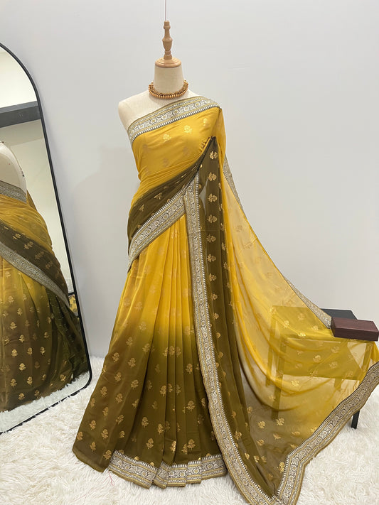 Georgette Ombre Floral Foil Print Saree - Yellow & Olive Green