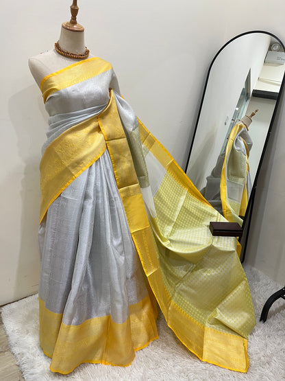 Banarasi Tissue Saree - Silver & Lemon Yellow