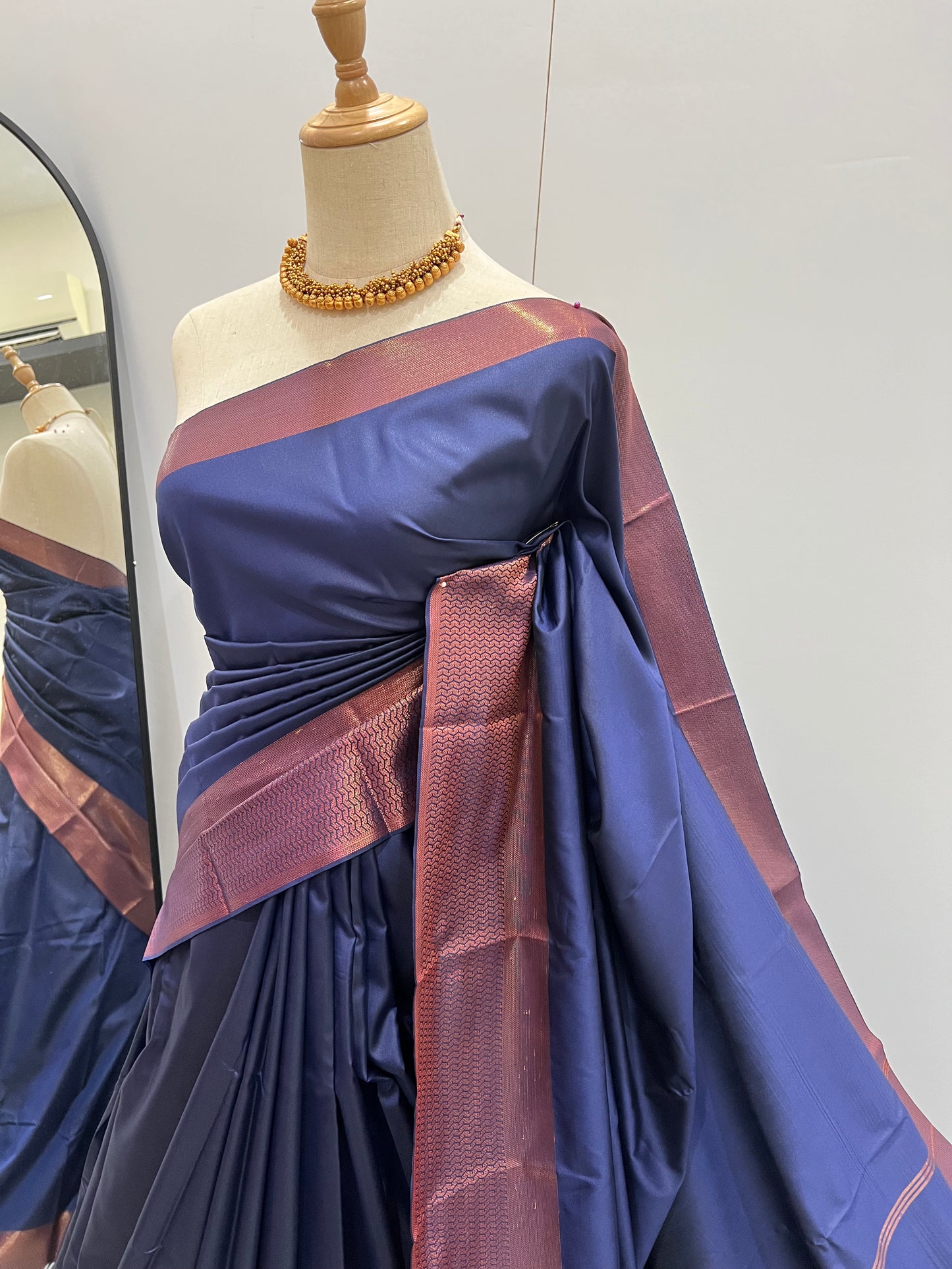 Soft Silk Saree - Navy Blue with Copper Zari