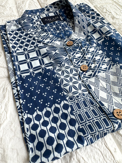 Men Short Sleeve Shirt - Blue Geometric