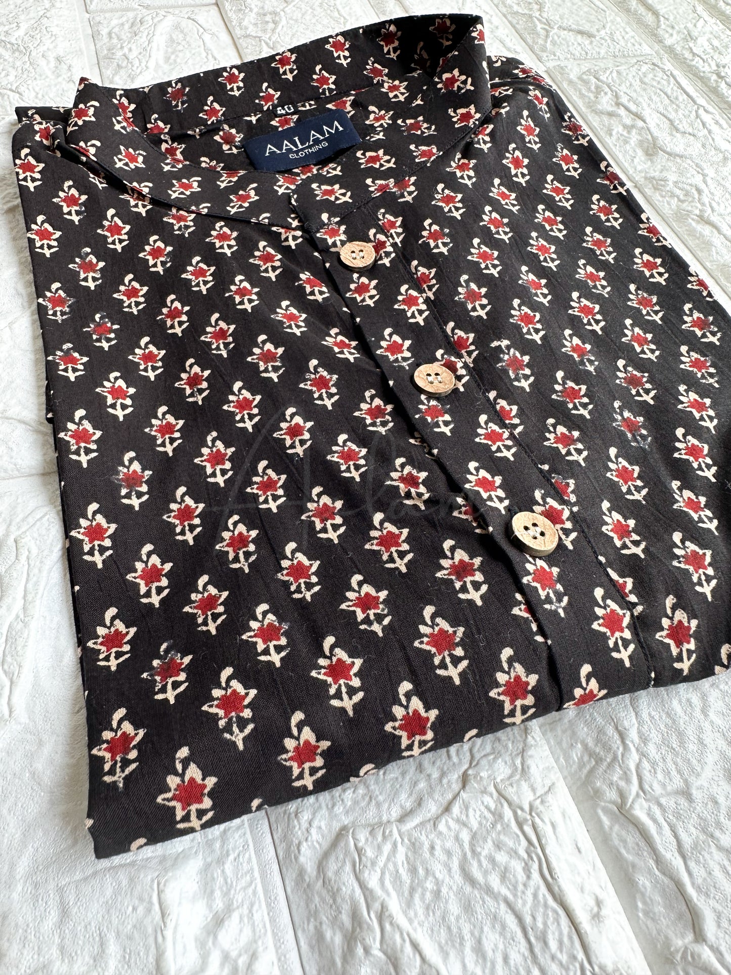 Men Short Sleeve Kurta - Black Floral