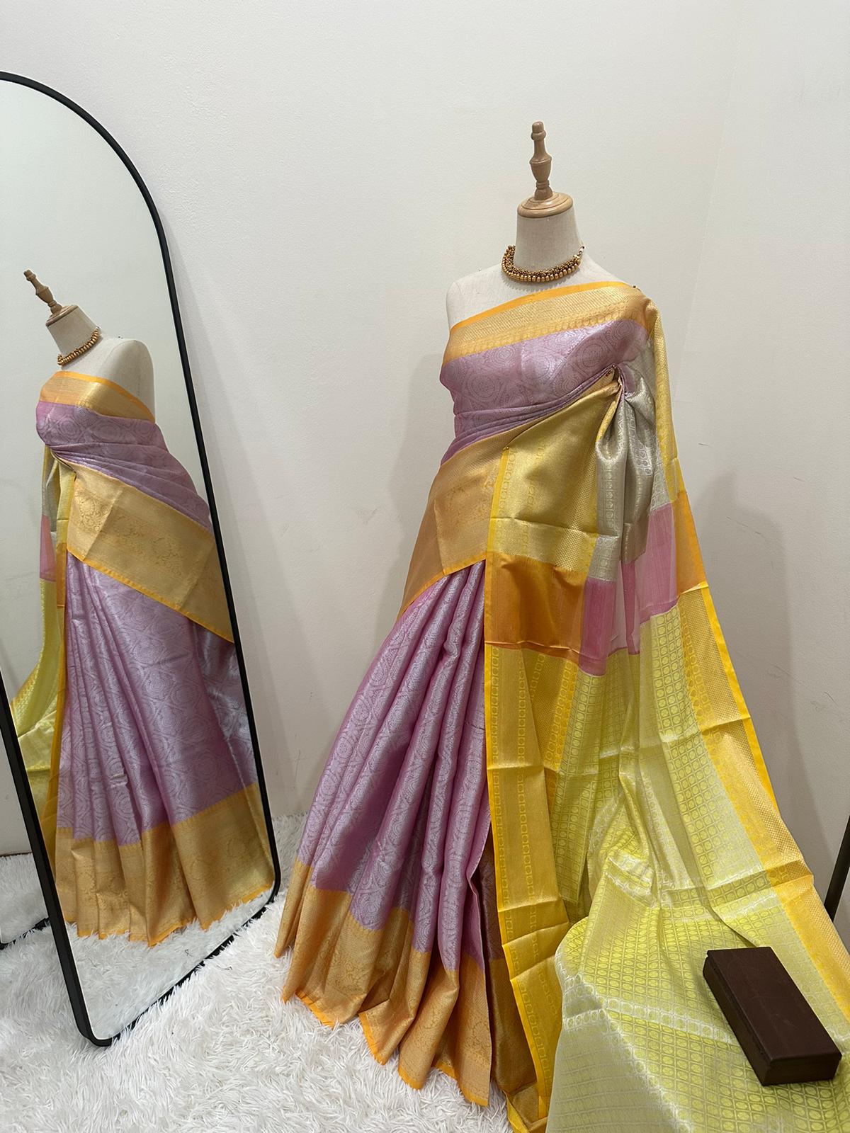 Banarasi Tissue Saree - Pink & Yellow with Silver Zari